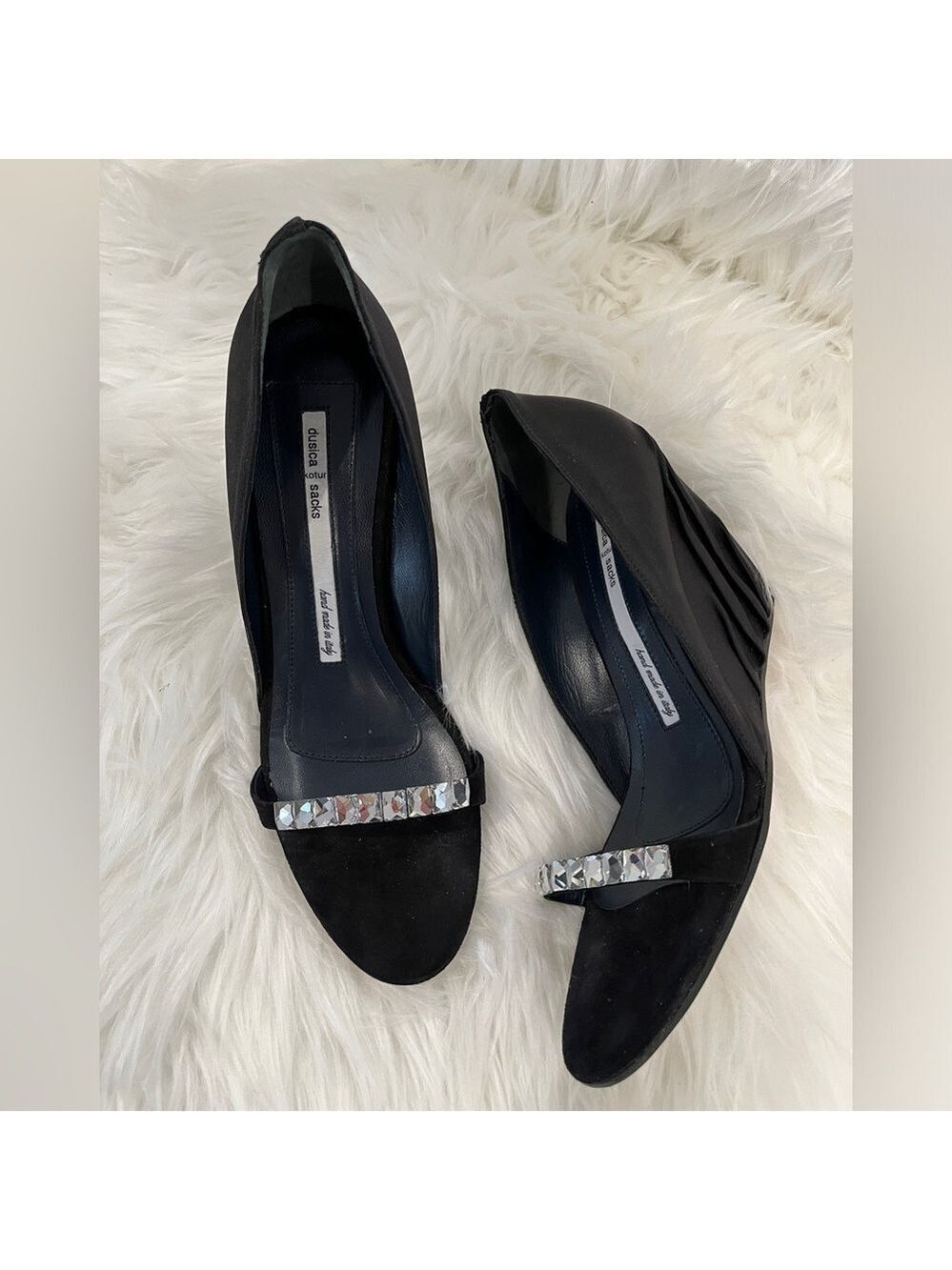 DUSICA SACKS Kotur Wedge Heel Black Satin Crystal Detail